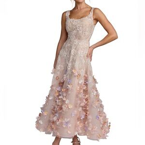 Mac Duggal Pink Sleeveless Beaded Midi Dress With 3D Flowers in Blush